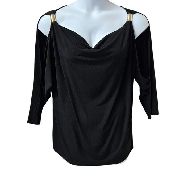 Michae Michael Kors black cold shoulder slit sleeve gold logo baguette clasp Top - Picture 1 of 13